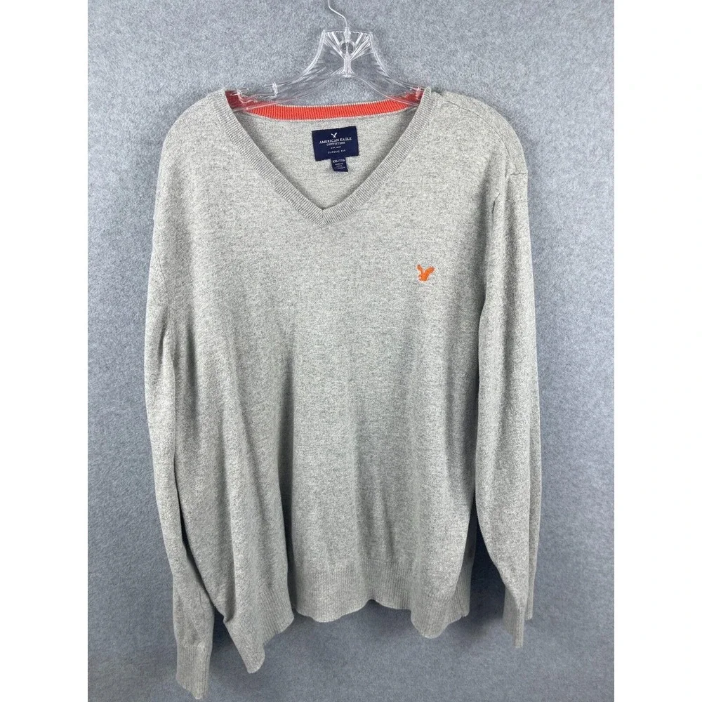 American Eagle Sweater Men's XXL Gray Crew Neck Long Sleeve Pullover Preppy‎